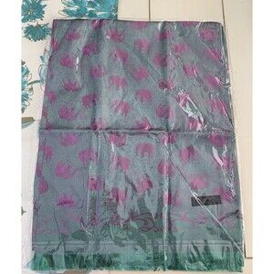 100% Thaisilk Silk Scarf Light Green w/ Pink Elephants Tasseled Edging Silk B1